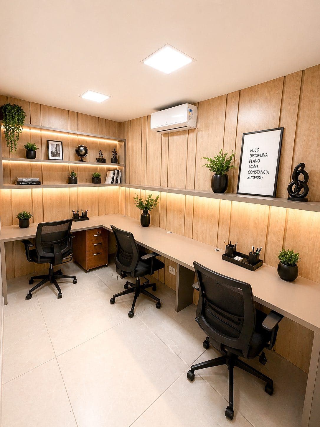 Sala privativa do MYJOB Executive, com bancadas em L, cadeiras pretas e painéis de madeira