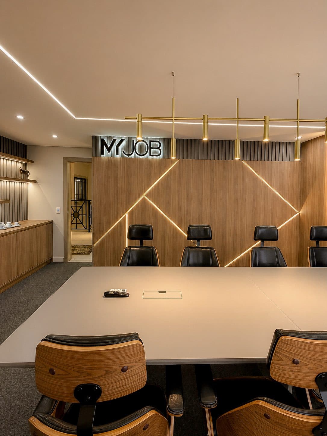 MYJOB Executive: sala de reunião ampla com mesa branca, cadeiras de couro e o letreiro MYJOB iluminado